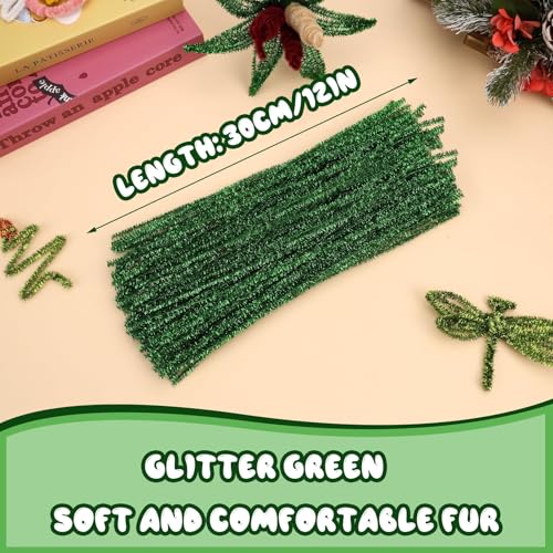 Image of Hssugi Green Pipe Cleaners, 100PCS Pipe Cleaners Craft Supplies | Glitter Green Pipe Cleaners Bulk Fuzzy Sticks for DIY Art and Craft Projects Home Decoration