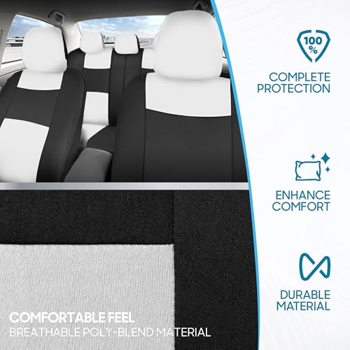 Image of BDK PolyPro Car Seat Covers Full Set in White on Black, Front and Rear Split Bench Seat Covers for Cars, Car Seats Cover Set and Accessories for Auto Trucks Van SUV - White