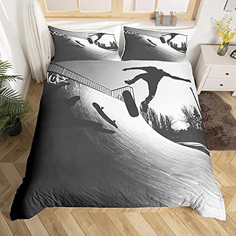richhome Skateboard Bedding Set Single,Cool Skater Boy Duvet Cover Street Art Bed Comforter Cover Set for Kids Boys Girls,Extreme Sport Theme Bedding Quilt Cover Set Decorative 2 Pc Cover