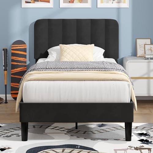 Image of VECELO Twin Size Bed Frame with Upholstered Headboard, Velvet Platform Bedframe Mattress Foundation, Strong Wood Slat Support, No Box Spring Needed,Black