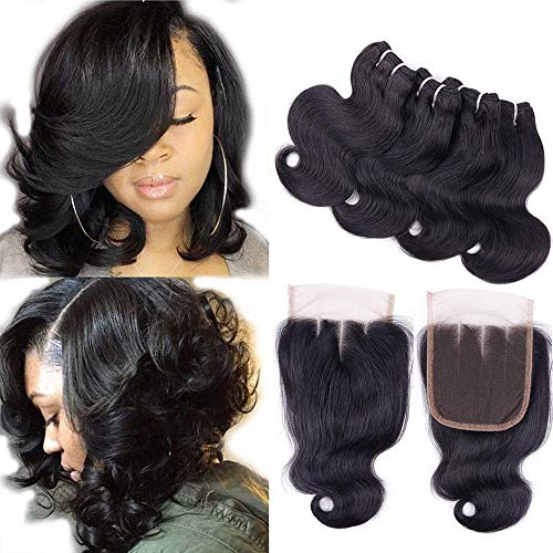 Brazilian Body Wave Human Hair 4 Bundles with Closure(10 10 10 10+ 8 Closure) 4 Bundles with Closure 50g/pc 10A Unprocessed Virgin Human Hair Bundles and Closure 5 Bundle Deals