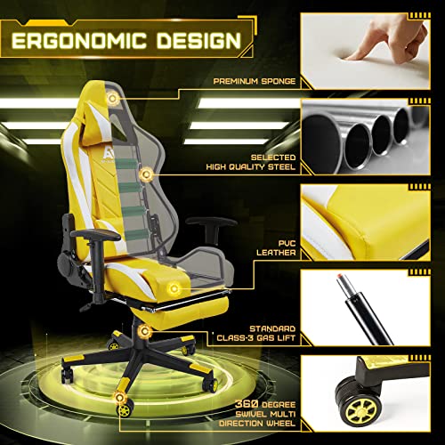 Image of AA Products Gaming Chair - High Back Ergonomic Racing Chair with Footrest, Lumbar Support & Swivel - YellowWhite