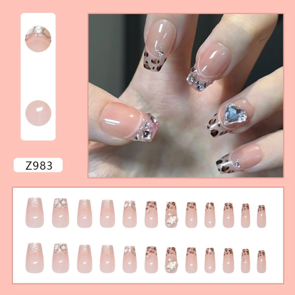 24pcs Valentines Nails French False Nails Leopards with Rhinestones Designs Elegant Stick on Nails