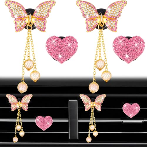 Image of Frienda 4 Pcs Butterfly Car Air Vent Clips, Bling Heart Air Freshener Pads, Pink Rhinestone Crystal Car Vent Clips, Cute Hanging Butterfly Cars Interior Decor Accessories for Women Girls