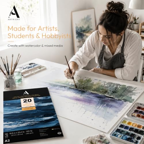Image of ArtRight Artists' Watercolor Paper A2 300 GSM - 20 Sheets of Handmade Rough Grain Water Colour Papers for Watercolour, Acrylic, Gouache, Ink & Mixed Media