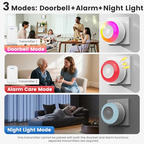 Image of Wireless Doorbell with Safety Alarm & Night Light for Home and Office, Upto 350M Range with 62 Chimes, Diamond Shape, 6 RGB LED modes, 4 Level Volume, Calling Bell (Transmitter & Receiver)