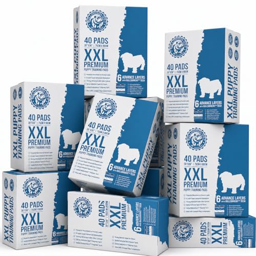 Image of Bulldogology Premium XXL Puppy Pee Pads with Adhesive Sticky Tape Extra Large Dog Training Wee Pads 6 Layer Absorbent Bullsorbent Technology White 320 Count 30 x 36