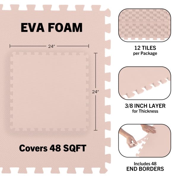 Foam Floor Tiles - 48sqft Soft Nontoxic Baby Play Mat - Interlocking Puzzle Mat for Baby, Kids Playroom, or Home Gym Flooring by Stalwart (Light Pink)