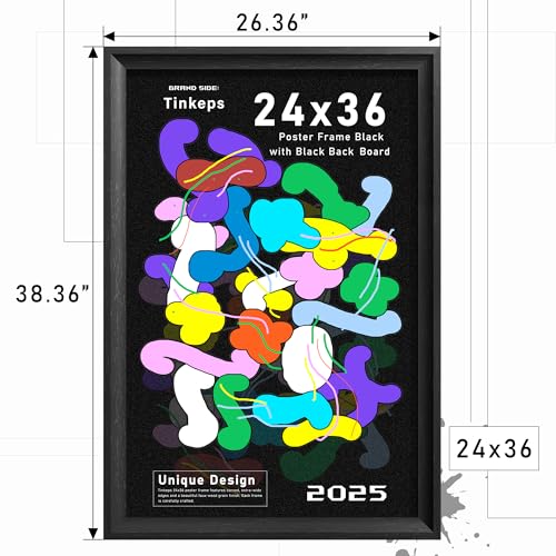 Image of 24x36 Poster Frame Black with Black Back Board, Curved Extra Wide Edges, Vintage Style Poster Frame 24x36 inches for Wall Decor.
