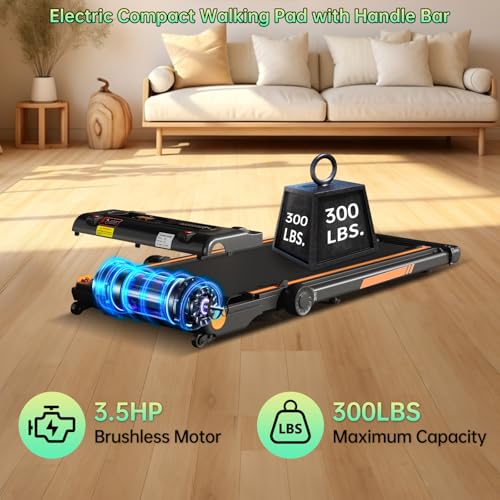 Image of Treadmill with Handle Bar, Electric Walking Pads for Exercising | Treadmill with Incline, Portable Treadmill for Home. Small Walking Pad, Mini Treadmill. 3.5HP, 300LBS, 0.6-8MPH