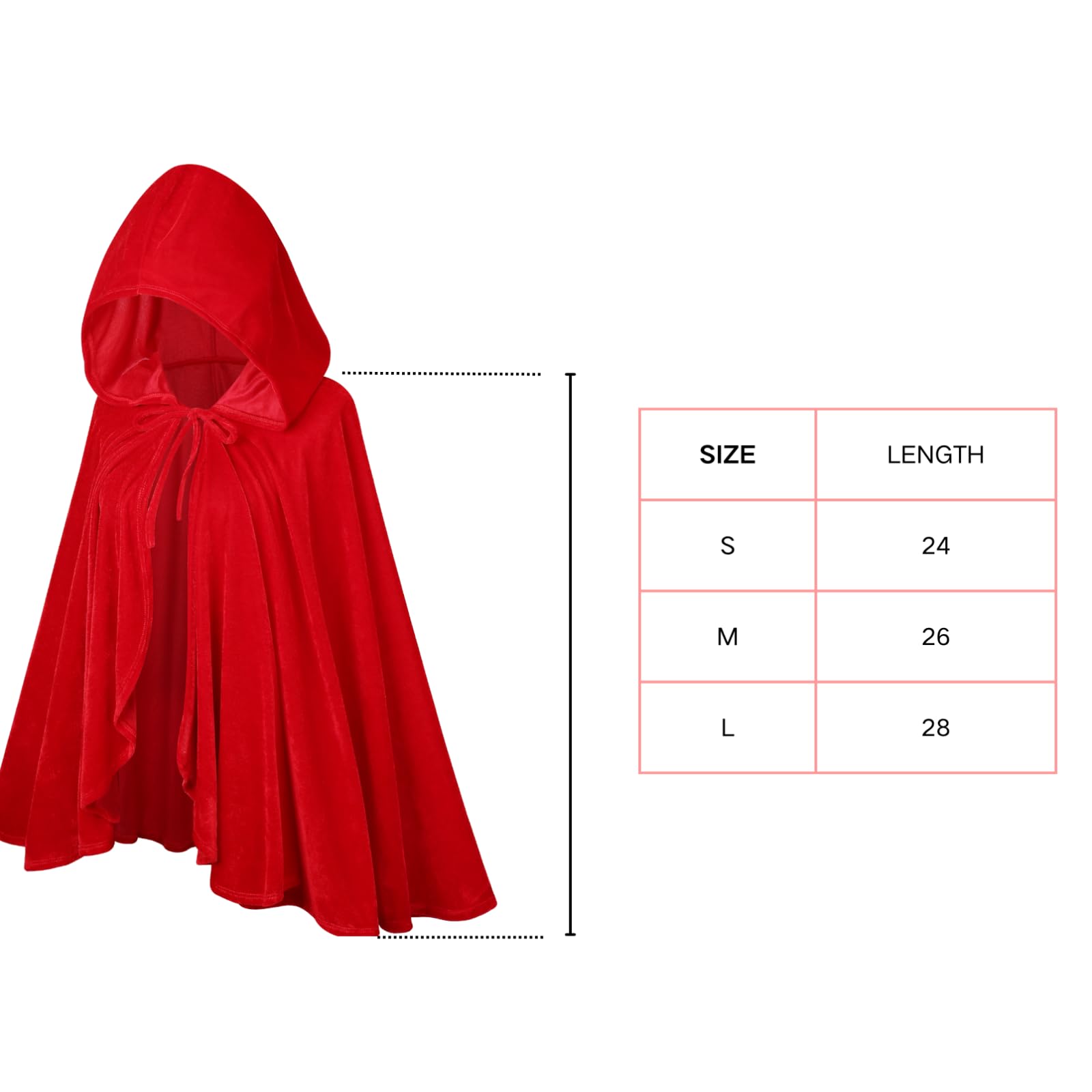 RRCBMD Little Red Riding Hood Cape Velvet Cloak for Halloween Christmas Cosplay Party Pure-bright red-S-23.62 inch - Image 3