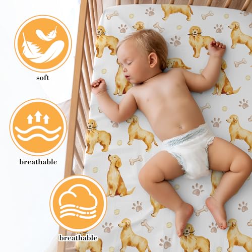 Image of Mindsoft 2 Pcs Golden Retriever Crib Sheet Set 52 x 28 x 8 Inches Fit for Standard Crib Toddler Mattress Newborn Gifts for Girl Boys, Breathable Soft Baby Sheet