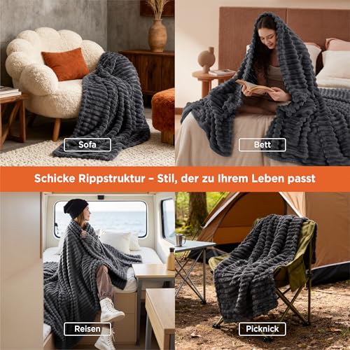 BEDSURE Kuscheldecke Flauschig - Wolldecke & Fleecedecke, Sofadecke, Weiche Warme Grobe Korddecke Gemütlicher Überwurf für Zimmer Deko, Wohn- & Kuscheldecken, Tagesdecke, Dunkelgrau, 130 x 170 cm