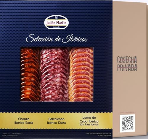 Sobre Selección de Ibéricos - Envío 24 h - Julián Martín - Blíster para regalo de Surtidos Ibéricos - Desde 1933 - Guijuelo - Sobre Surtido Chorizo, Salchichón, Lomo (Surtido, Extra)