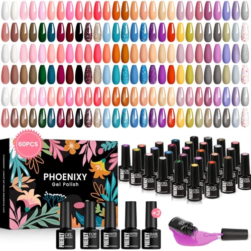 60Pcs Esmaltes Semipermanentes para Uñas, Phoenixy 162 Efectos 54 Colores de Pintauñas Semipermanentes (capa base/capa superior/mate/glitter), Kit Uñas Semipermanentes Rosa, Azul, Negro