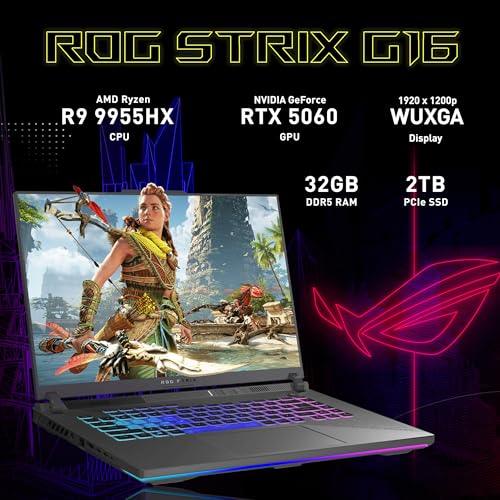 Image of ASUS ROG Strix G16 16 inch WUXGA 165Hz Gaming Laptop, AMD Ryzen 9 9955HX, GeForce RTX 5060, 32GB DDR5, 3TB Storsge(2TB SSD+1TB Docking Station Set), 4-Zone RGB Backlit Keyboard, Wi-Fi 6E, Win 11, Gray