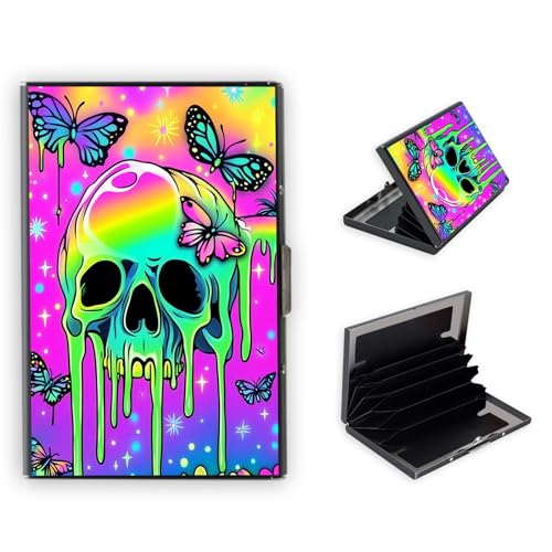 Credit Card Holder Wallet for Women - Ultra-Slim Metal Card Wallet with RFID Blocking | Mini 6-Slot Card Case Wallet, Secure & Stylish Metal Credit Card Holder, Colorful Skull Butterflies