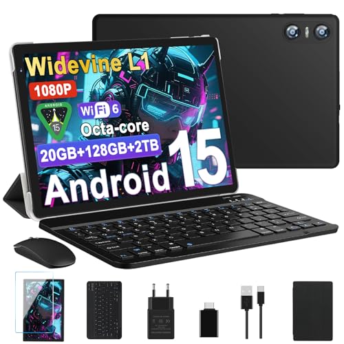 Biegedy Tablet 10 Pollici Android 15, Tablets 20GB RAM+128GB ROM (2TB TF), Octa-Core, Tablets 5G+2.4G WiFi 6, Widevine L1, GMS, Bluetooth 5.0, 6000mAh, 5+8MP, Tablet 2 in 1 Tastiera + Mouse - Nero