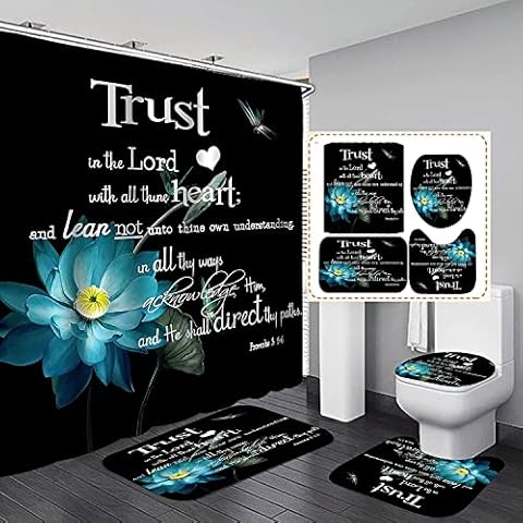 jieprom 4PCS Insipirational Shower Curtain Set with Non-Slip Rugs, Toilet Lid Cover and Bath Mat, Teal Shower Curtain with 12 Hooks, Durable Waterproof Sunflower Bathroom Decor Set Cover