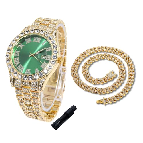 Image of Halukakah Diamonds Gold Watch Iced Out for Boy Teens Kids - 18K Real Gold /Platinum Plated,42mm Blue /Green /Red Dial,Japanese Quartz - 8 inch Length - Optional with Cuban Link Chain,with Watch Adjuster Tool