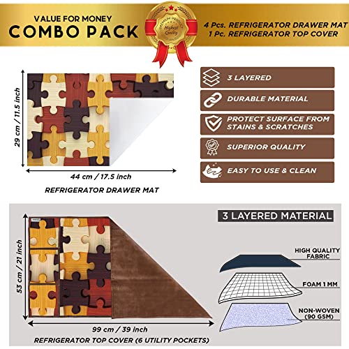 Image of Polyester 3-Layered Digital Printed Fridge Top Cover /Refrigerator Cover with Utility Pockets and Set of 4 Pc Fridge Mats (Color-Yellow, Size-39x21 Inches)