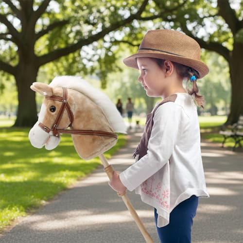 Image of Linzy Toys 35.5 inch Plush Stick Horse - Funny Hobby Horse with Pony Sound, Soft Realistic Mane & Durable Leather Reins, Pretend Play Riding Toy for Boys & Girls Ages 3+ (Light Brown)