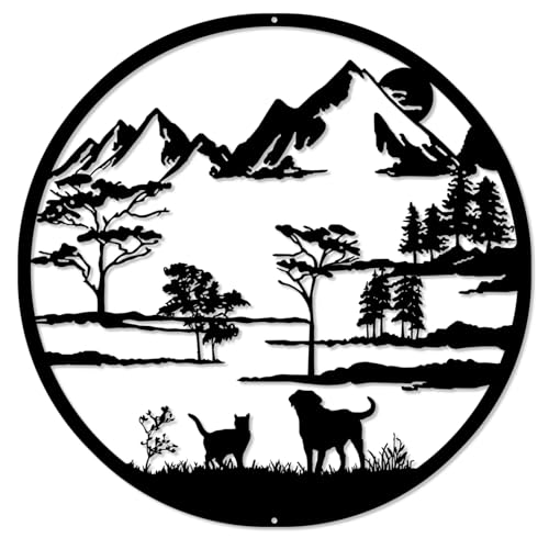 Berg und Wald Metall Wand Kunst, Hund und Katze Wand Dekoration Silhouette Kunst, Rustikale Wand Skulptur Hängen Home Decor für...