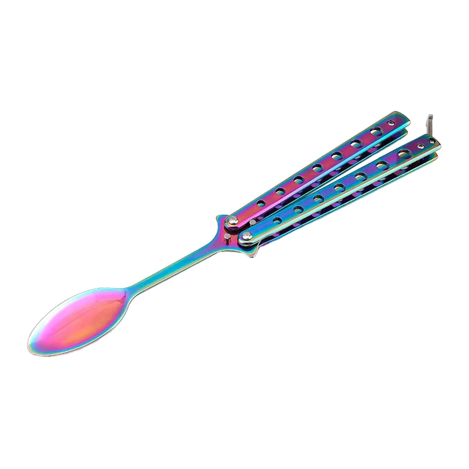 Sharplace Butterfly Spoon Butterfly Practice Stainless Steel 9.06'' Butterfly Training Spoon, Outdoor Dinnerware for BBQ Hiking, colorful handle