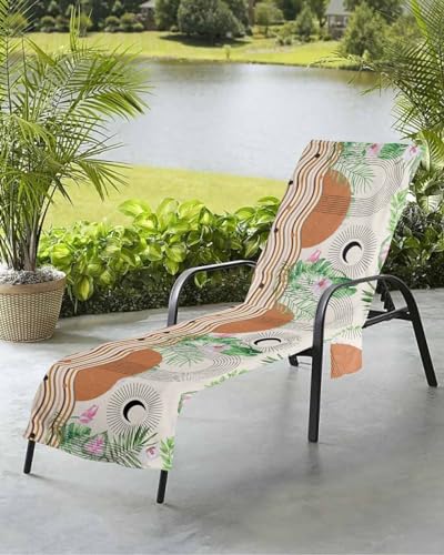 Beach Pool Patio Lounge Chaise Chair Cover Towel with Pockets,Geometric Boho Absorbent & Quick Dry Microfiber Towel Cover Bag Summer Travel Accessories Vintage Modern Stripes Middle Century
