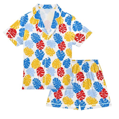 Red Blue Yellow Monstera Leaves Pattern Summer Satin Pajama Set, Cute Button-Down Sleepwear Pj Set for Sleep Wears