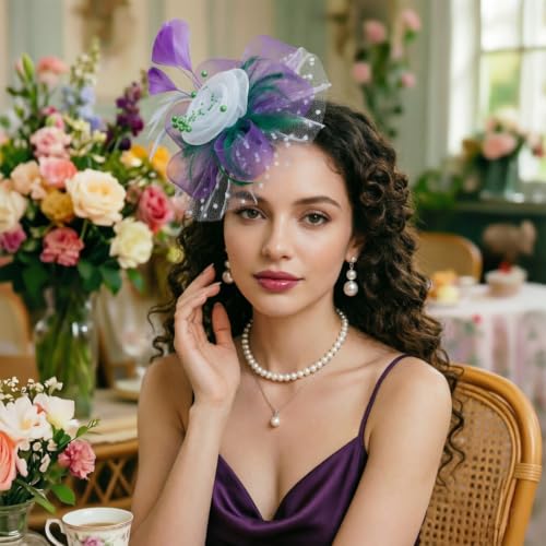 Image of DRESHOW Fascinators Hat Flower Mesh Ribbons Feathers on a Headband and a Clip Tea Party Headwear for Girls and Women
