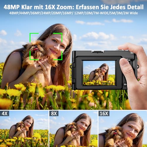 Digitalkamera 4K 48MP Kompakte Kamera Fotokamera mit 3-Zoll 180° Flip-Bildschirm, AutoFokus, 16X Digitalzoom, Anti-Shake für Vlogging und Reiseaufnahmen – Bild 4