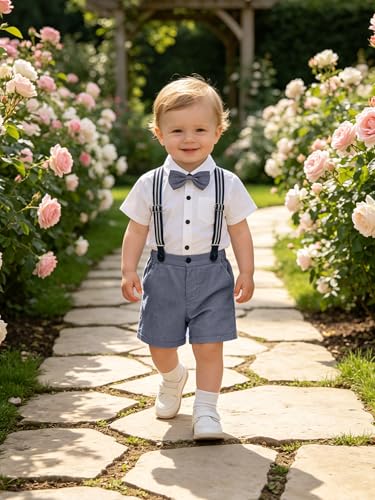 Image of Volunboy Baby Boy Formal Short Set Toddler Summer Gentleman Outfit Kid Short Sleeve Bowtie Shirt Suspender Shorts Suit