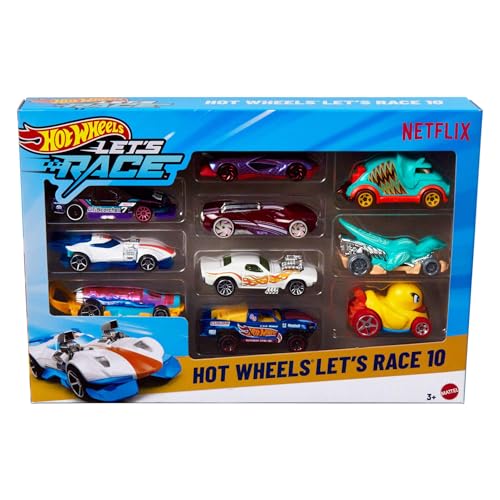Hot Wheels Toy Cars & Trucks, Let’s Race 10-Pack, Set of 10 1:64 Scale Vehicles from the Animated Netflix Show for Play or Display (Styles May Vary), JGN40