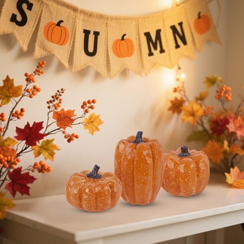 Image of winemana Pumpkins Fall Decor Set of 3, Orange | Artificial Resin, Farmhouse Style, Thanksgiving Table Centerpiece, For Home Mantel Porch Office, Autumn Harvest Decorations