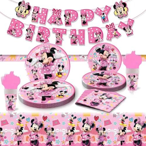62 Psc For Minnie Birthday Party Supplies Set, Pink Theme, with Banner, Plates, Cups, Utensils,...