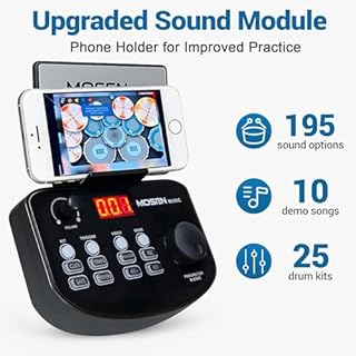 MOSEN Electric Drum Set, Quiet Mesh Drum Pads, Dual-Zone Snare, 195+ Sounds, Phone Holder, Sticks, Headphones, USB MIDI, 2 Pedals, 25 Electronic Drums Kit for Beginner, MED-X3S