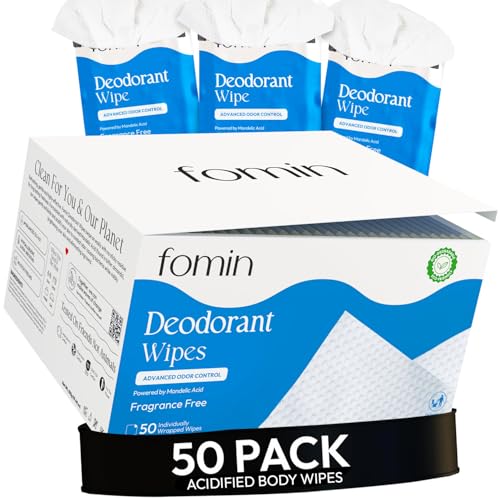Image of FOMIN Acidified Deodorant Wipes for Women & Men - 50 Count Fragrance Free | Individually Wrapped Mini Deodorant Wipes, Travel Size - Plastic-Free, pH Balanced Underarm & Body Wipes - Fits Any Bag