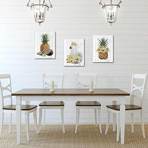 Pineapple Canvas Wall Art Hawaii Tropical Fruit Parrot Painting Still Life Artwork For Kitchen Bar Wall Decoration Framed And Stretched Ready To Hang Size 12"X16"X3 #TOP2