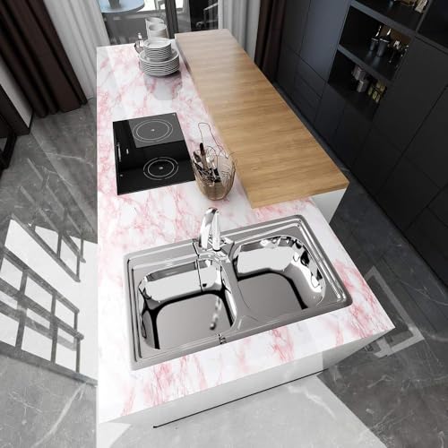 Image of FOKRIM Marble Wallpaper 45x300cm (14 SQFT) Sticker Wallpaper, Peel and Stick, Removable, Self-Adhesive, Waterproof, Decorative Wallpaper for Home, Kitchen, Bedroom, Office (Pink, 45X300)