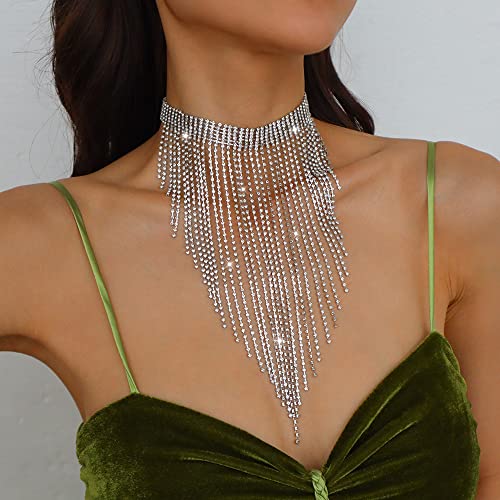 Aomcisi Fashion Women Sexy Rhinestone Bib Choker Necklace Tassel Long Chain Necklace2