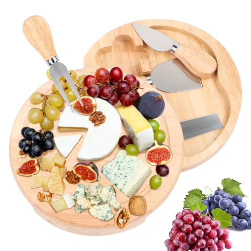 Wvu & Wvo Käsebrett mit Käsemesser Set, 21cm Rund Servierplatte aus Holz für Käse und Appetithäppchen, Cheese Board, Charcuterie Board