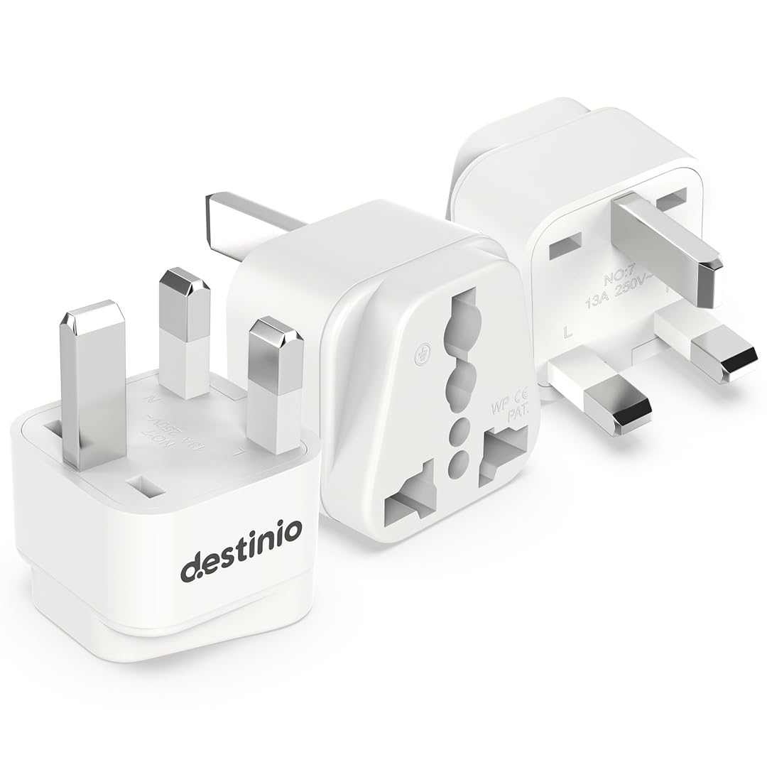 Destinio Type G Travel Adapter | UK Plug Adapter for India to UK, UAE, Singapore & More | Universal Socket, 13A 250V 2500W| International Travel Plug Adapter | CE & RoHS Certified (Pack of 3)