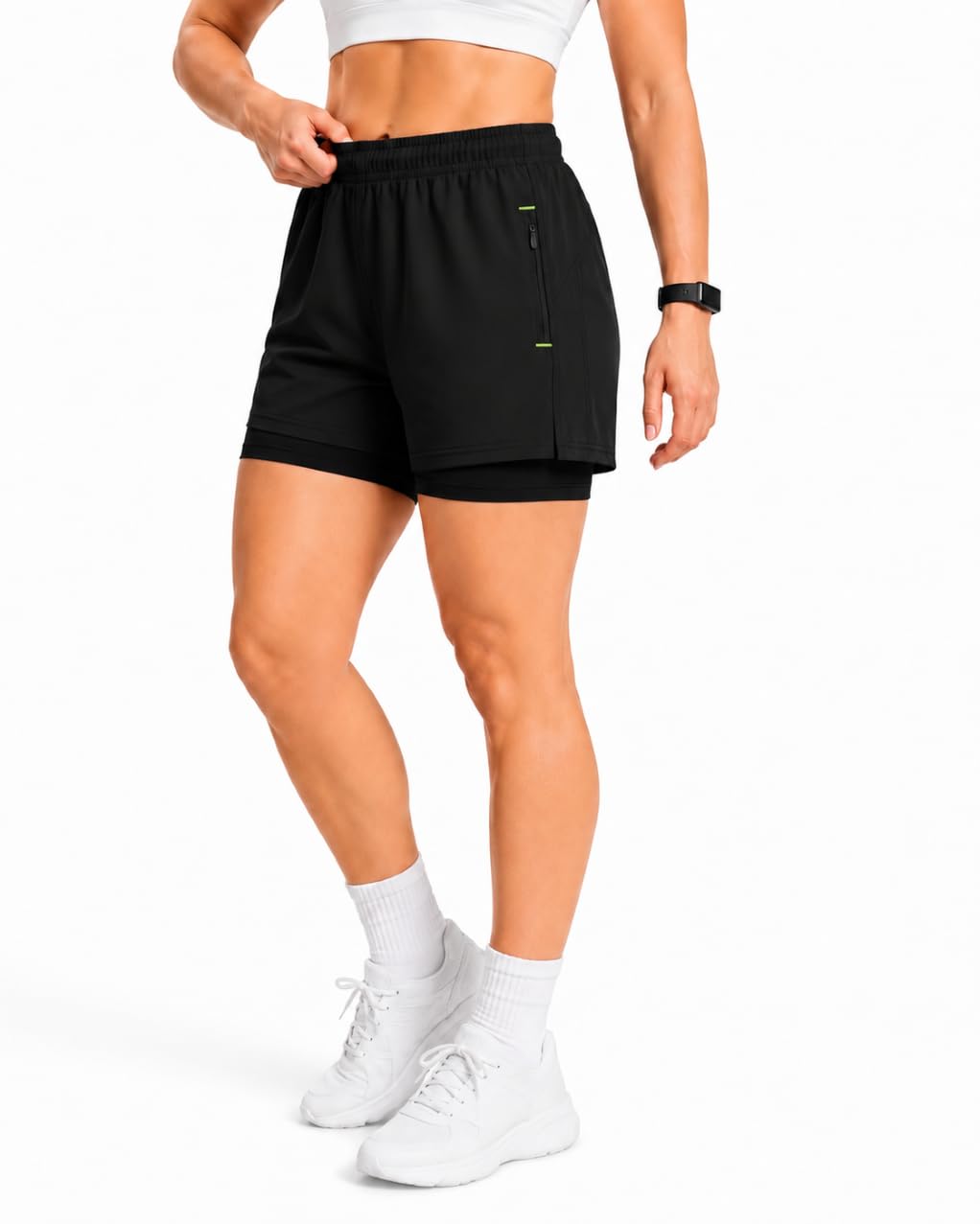 kvetoo Women Double Layer Gym Shorts Quick Dry Workout Running Shorts with Inner Compression Zipper Pocket High Waist Athletic Fitness Yoga Shorts Activewear-picture-10