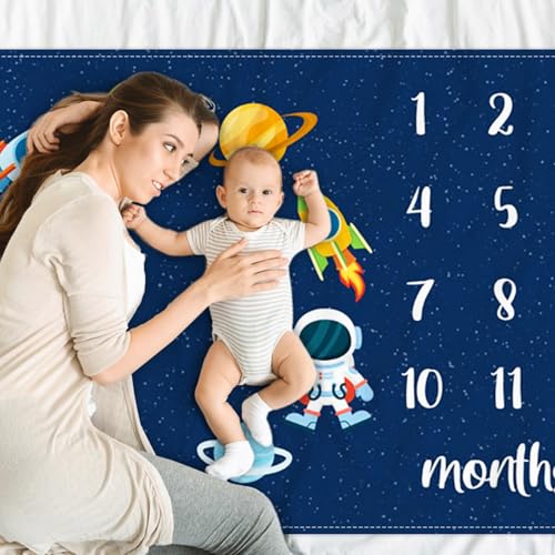 Image of Space Baby Monthly Milestone Blanket Astronaut Star Decor Photography Background Newborn Growth Record Prop Blanket 60 inchx40 with Frames