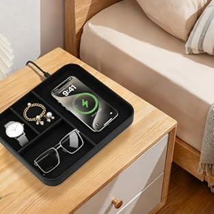 Valet tray designed with 4 different sizes compartments for wallet, key, phone,money, mens/womens jewelry and other accessories. Built in 2 In 1 wireless charging pad, just place your phone/airpods/airprods pro to charge it, no more need to plug and ...