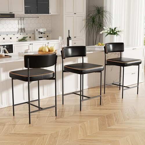 Image of Bar Stools Set of 3, Faux Leather Counter Height Barstools with Curved Back, 25 Inch Upholstered Bar Chairs, Modern Counter Stools for Kitchen lsland, Black
