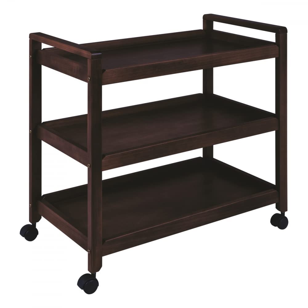 3-Tier Solid Wood Rolling Bar Cart, Wine Serving Trolley with Wheels and Seasoning Rack (Black Polish, Style 8)