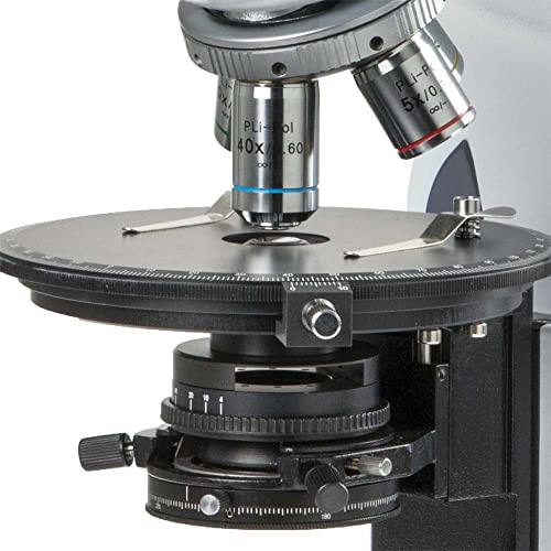 Image of iScope Trinocular Compound Microscope EWF 10x /20mm Eyepieces, Plan Polarization PLPOLRI 5 /10 /20 /S50x iOS Objectives, 160mm Round Stage. Rotatable 60 Polarizer Slider with Analyzer. Globe | Euromex