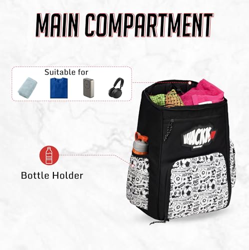Image of WHACKK Figo Football Bag Black White 44L|Sports Backpack with Ball Holder, Detachable Wet Drawstring Pouch, Utility Pockets & Large Capacity for Gear